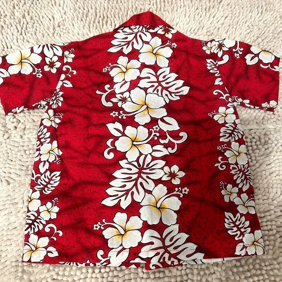 Winnie Fashion Hawaiian Boys 6 Aloha Button Up Shirt Hibiscus White On Red EUC - Picture 2 of 9